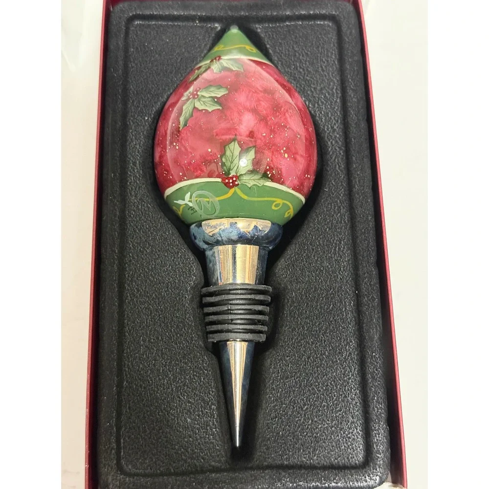 Ne'Qwa Art Susan Winget Christmas Wine Hand Painted Glass Bottle Stopper